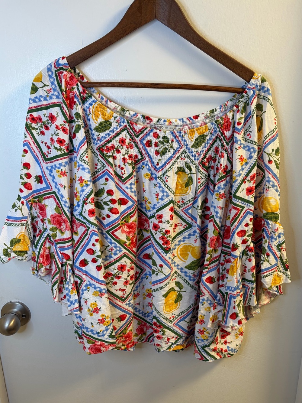 Cato Plus Floral Fruit Print Off-The-Shoulder Smocked Peasant Top Size 22/24W